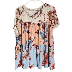 Perfect Peach Tiered Floral Babydoll Top Crisscross Neck – Size Medium